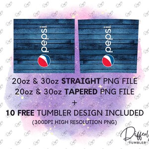 May include: Two digital designs for a 20oz and 30oz straight and tapered tumbler featuring a blue woodgrain background with the Pepsi logo in white and red.  The designs are available as PNG files.  The listing also includes 10 free tumbler designs.