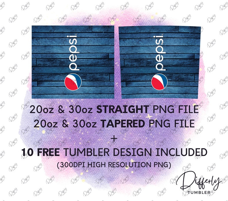 May include: Two digital designs for a 20oz and 30oz straight and tapered tumbler featuring a blue woodgrain background with the Pepsi logo in white and red.  The designs are available as PNG files.  The listing also includes 10 free tumbler designs.