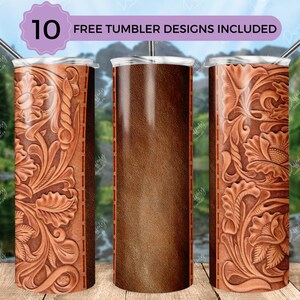 May include: Three stainless steel tumblers with a brown leather-like design. The design features a floral pattern with a stitched border. The tumblers are 20 ounces each.