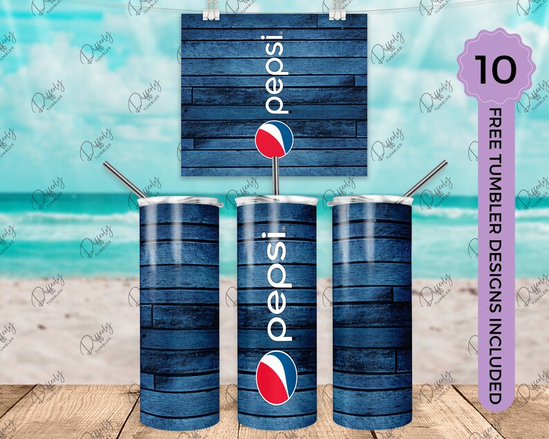 May include: Three stainless steel tumblers with a blue wood grain design and the Pepsi logo. The tumblers are on a white sandy beach with a blue ocean in the background. The image includes the text "FREE TUMBLER DESIGNS INCLUDED" and the number "10".