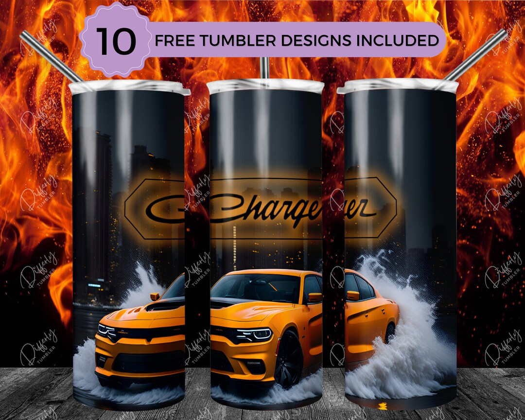 Charger 20oz Skinny Tumbler Wrap Sublimation Design, Orange Charger Car