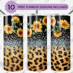 Leopard Glitter Sunflower 20oz Skinny Tumbler Wrap Sublimation Design, Black Leopard 20oz Template, Straight Tumbler Wrap, PNG Digital