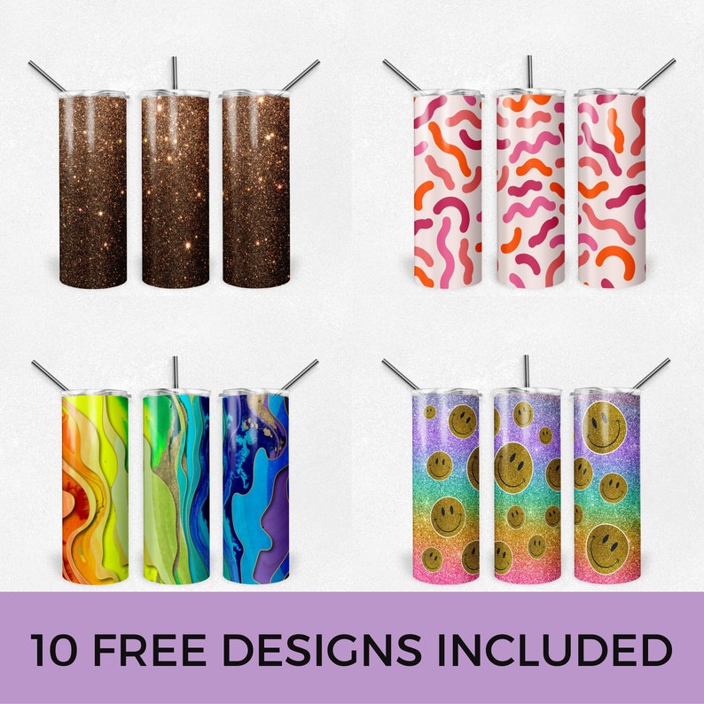 May include: Ten different designs for stainless steel tumblers. The designs include glitter, abstract patterns, and smiley faces.  10 FREE DESIGNS INCLUDED.