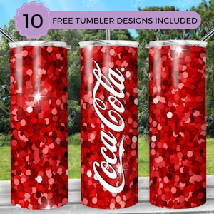 May include: Three red glitter tumbler designs with the Coca-Cola logo in white. 10 free tumbler designs included.