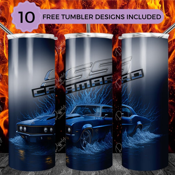 1969 Chevrolet Camaro SS 20oz Skinny Tumbler Wrap Sublimation Design, Blue Camaro 20oz Template, Straight Tumbler Wrap, PNG Digital