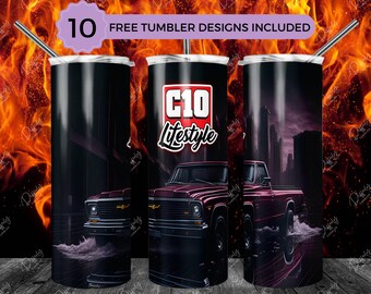 1972 Chevrolet C10 20oz Skinny Tumbler Wrap Sublimation Design, Red C10 lifestyle 20oz Template, Straight Tumbler Wrap, PNG Digital