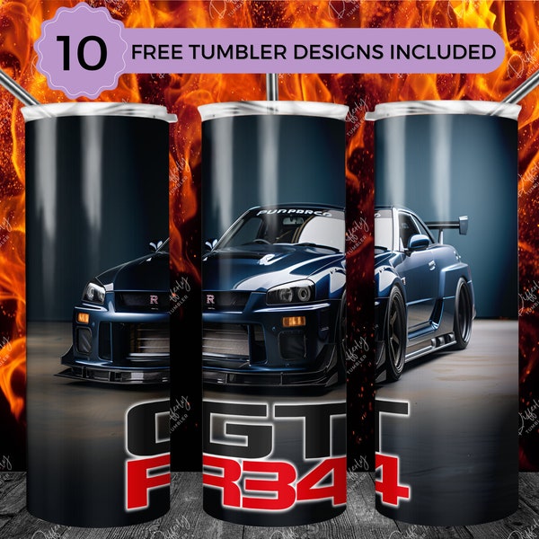 1999 Nissan GTR R34 20oz Skinny Tumbler Wrap Sublimation Design, Dark Blue GTR R34 20oz Template, Straight Tumbler Wrap, PNG Digital