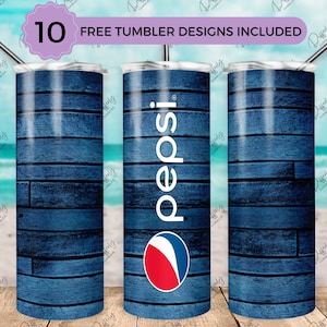 May include: Three stainless steel tumblers with a blue wood grain design. The center tumbler has the Pepsi logo in white with a red and blue circle.