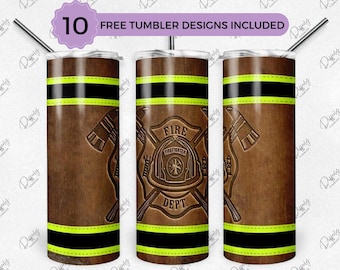 Firefighter Leather 20oz Skinny Tumbler Wrap Sublimation Design, Fire Department 20oz Template, Straight Tumbler Wrap, PNG Digital Download