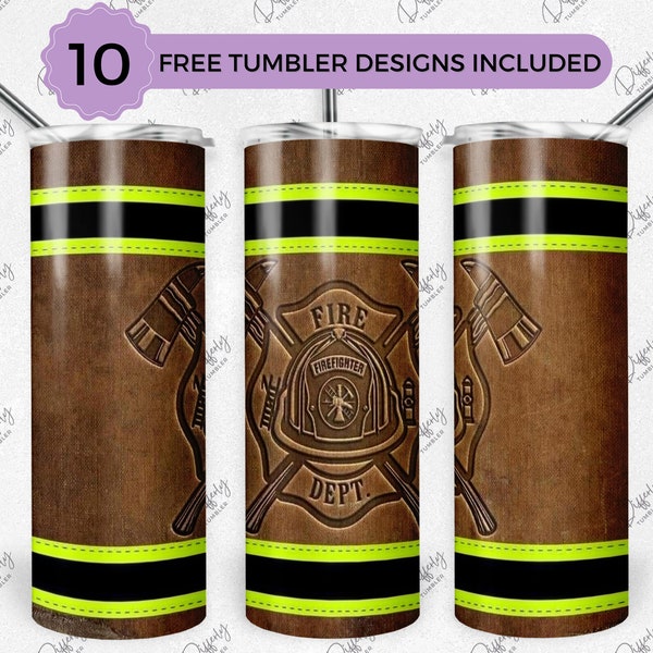 Firefighter Leather 20oz Skinny Tumbler Wrap Sublimation Design, Fire Department 20oz Template, Straight Tumbler Wrap, PNG Digital Download