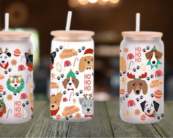 May include: Three frosted glass tumblers with bamboo lids and straws. Each tumbler features a festive design with various dog breeds, Christmas ornaments, paw prints, and the words "Merry Christmas" and "HO HO HO".