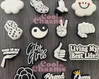 Croc Charm Pin Badge Cute Charms Popular Phrases Black White Signs Comments Ying Yang Finger Signs Clouds Queen Dice Flower CoolcharmsUK