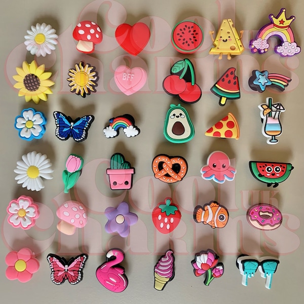 Croc Charm Flower Charms 35+ Pin Badge Designs Zomer Lente Girly Roze Voedsel Fruit Regenboog Paddestoel Vrouwelijke Cadeau voor haar Kerstmis