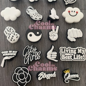 Croc Charm Pin Badge Cute Charms Popular Phrases Black White Signs Comments Ying Yang Finger Signs Clouds Queen Dice Flower CoolcharmsUK