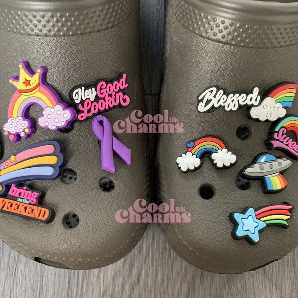 Croc Charm Pin Badge Cute Charms Popular Phrases Rainbow Star Cloud Shooting Star Colourful Princess Controller Custom CoolcharmsUK