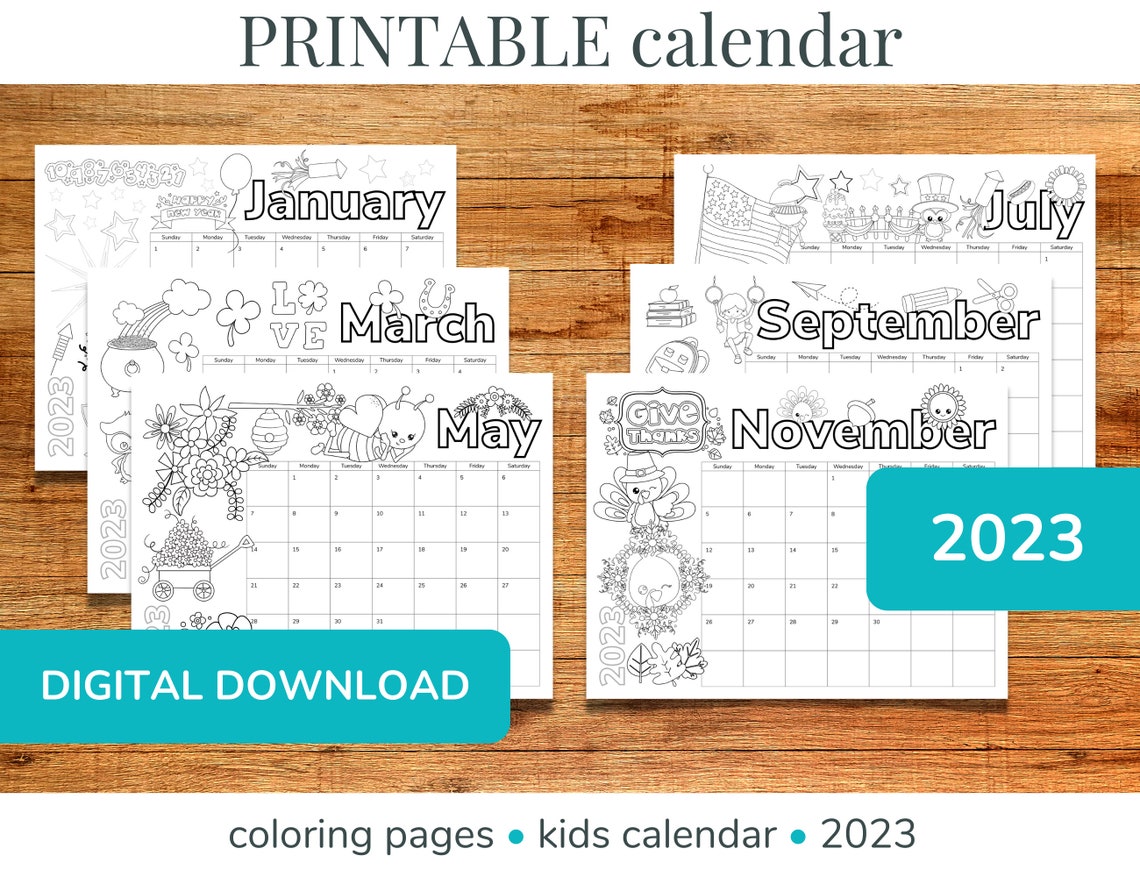 2023 Coloring Calendar for Kids, Printable Monthly Children's Calendar