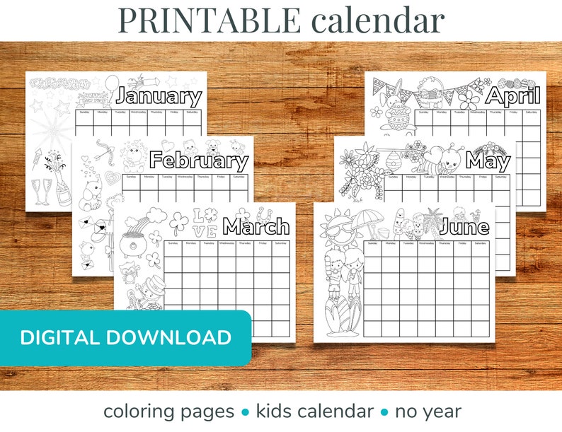 Printable Coloring Calendar for Kids Perpetual Calendar - Etsy
