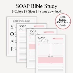 May include: A set of SOAP Bible Study guides in different sizes and colours. The guides have a pink and white design with sections for scripture, observation, application, and prayer. The text includes "SOAP Bible Study" and "Bible Study Guide."