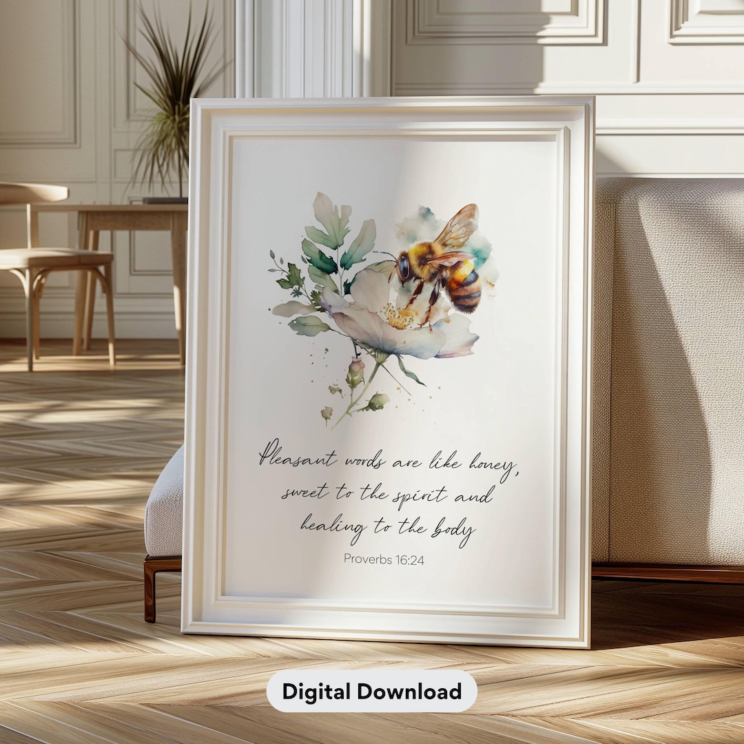 Honey Bee Poster Christian Wall Art Bible Verse Bumble Bee Floral ...