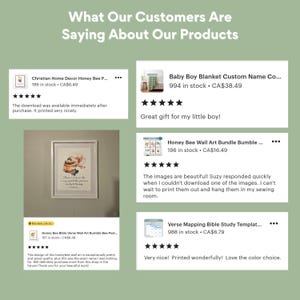 Puede incluir: Un collage de rese&ntilde;as de clientes para productos digitales. Las rese&ntilde;as son positivas e incluyen comentarios sobre la calidad de los productos y la rapidez de entrega. Los productos incluyen un paquete de arte de pared de abejas, una manta para beb&eacute; con un nombre personalizado, una plantilla de estudio b&iacute;blico y una impresi&oacute;n de decoraci&oacute;n para el hogar de abejas.