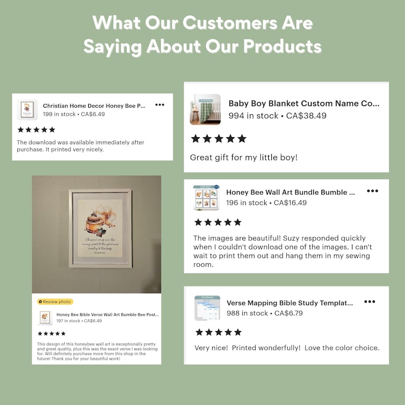 Puede incluir: Un collage de rese&ntilde;as de clientes para productos digitales. Las rese&ntilde;as son positivas e incluyen comentarios sobre la calidad de los productos y la rapidez de entrega. Los productos incluyen un paquete de arte de pared de abejas, una manta para beb&eacute; con un nombre personalizado, una plantilla de estudio b&iacute;blico y una impresi&oacute;n de decoraci&oacute;n para el hogar de abejas.