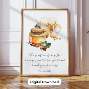 Honigbiene Bibel Vers Wandkunst Hummel Poster Wabe Garten Dekor Aquarell Druck Imker Geschenk für Bienenliebhaber Dekor Sprüche 16:24
