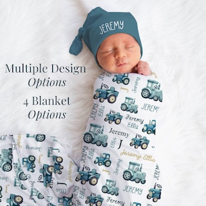 Baby Boy Tractor Swaddle Blanket Baby Hat Newborn Infant Boy Gift Idea Blue Farm Theme Baby Shower Gift Nursery Name Baby Coming Home Gift
