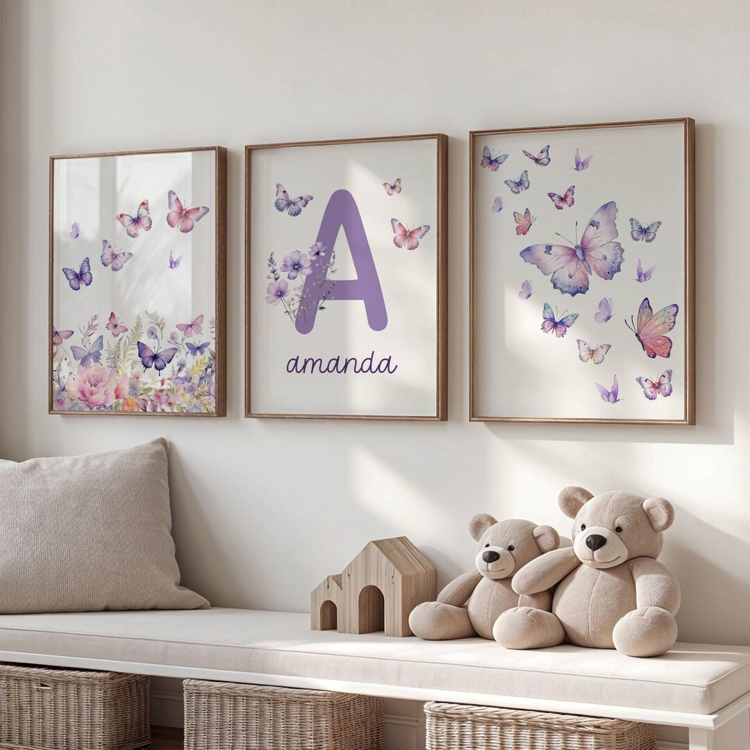 Nursery Wall Decor Purple Set of 3 Girl Name Wall Art Nursery Print ...