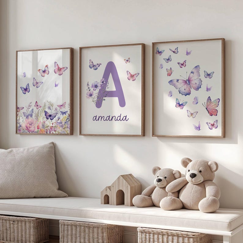 Nursery Wall Decor Purple Set of 3 Girl Name Wall Art Nursery Print ...