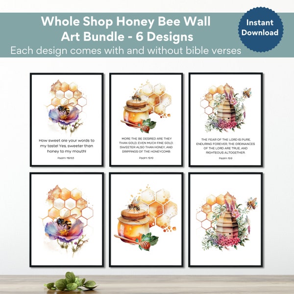 Wall Art Bundle Honey Bee Bible Verse Home Decor Floral Christian Art Print Set Honeycomb Watercolor Poster Shop Bundle Nature Lover Gift