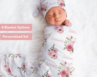 Manta de bebé personalizada con flores rosas y nombre, regalo para recién nacido, manta de flores, manta de jersey personalizada para cumpleaños, regalo para baby shower para nuevos padres.