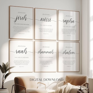 Bijbelvers galerij namen van God set van 6 christelijke muur kunst typografie christelijk interieur minimalistische poster set woonkamer schrift