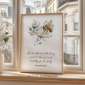 Proverbs 16:24 Honey Bee Scripture Decor Watercolor Floral Bee Print Christian Garden Decor Wall Art Poster Bible Verse Bumble Bee Artwork