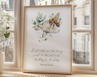 Proverbi 16:24 Decorazione con versetti biblici sull'ape e la scrittura, stampa floreale ad acquerello con ape, decorazione cristiana per il giardino, poster artistico da parete con versetto biblico e bombo.
