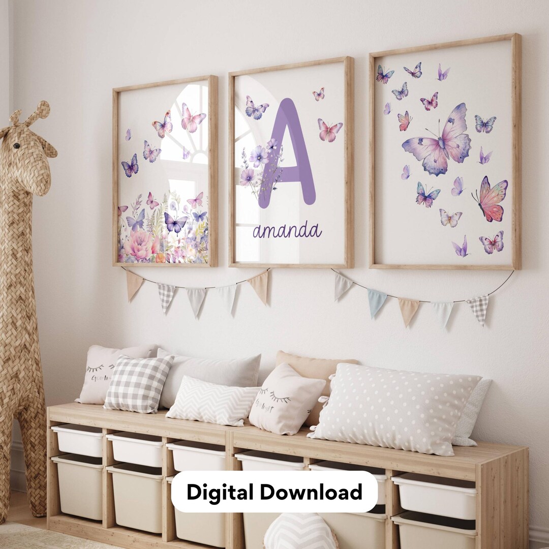 Nursery Wall Decor Purple Set of 3 Girl Name Wall Art Nursery Print ...