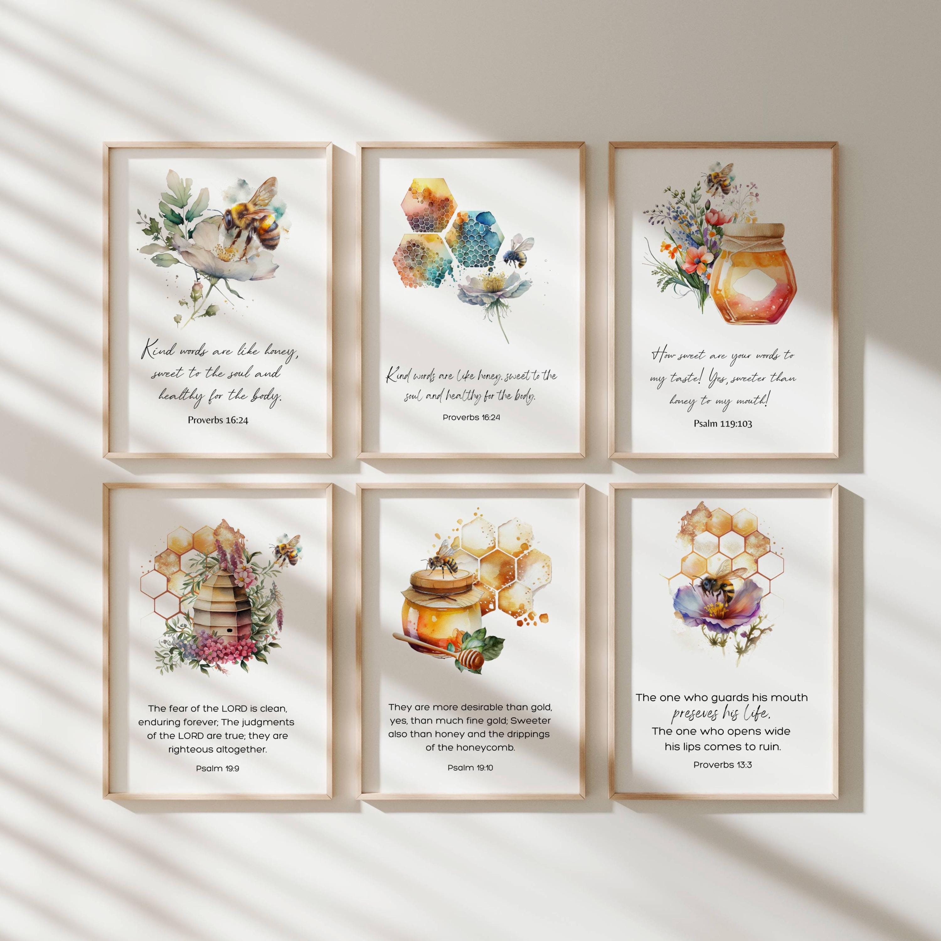 Bible Verse Wall Art Bundle Honey Bee Home Decor Christian Honeycomb ...