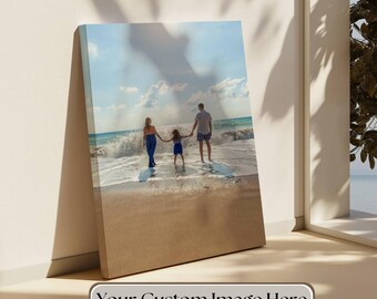 May include: A rectangular canvas print featuring a photograph of three people holding hands while walking along a sandy beach near the ocean surf. The image displays a blue sky with clouds and the text Your Custom Image Here at the bottom.