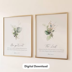 2 Piece Bible Verse Wall Art 2 Piece Christian Wall Art Greenery Botanical Watercolor Green Gold Modern Aesthetic Room Decor Set Psalm 34:22