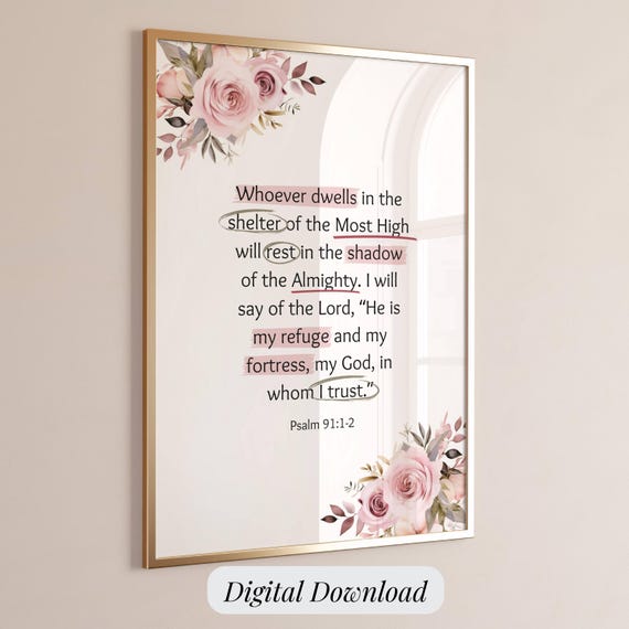 Psalm 91 Wall Art Print for Home Office Decor Religious Art Pink Floral Scripture Design Modern Print Bedroom Display Christian Art Gift Mom