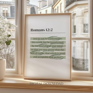 Minimalistisches Dekor Christliche Bibel Highlight Grün Druckbare Wandkunst für Büroräume Schriftzeichen Gebetsraum Kunst Hochzeitsgeschenk Römer 12: 2