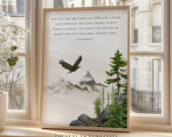 Above Bed Art Bible Verse Home Decor Christian Eagle Print Scenery Landscape Bedroom Poster Bible Art Nature Inspired Gift Isaiah 40:31