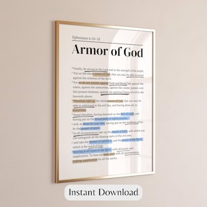Könnte beinhalten: Gerahmter Druck mit dem Text "Armor of God" aus Epheser 6:10-18. Der Text ist schwarz auf weißem Hintergrund, mit hervorgehobenen Phrasen. Der Rahmen ist goldfarben, und die Worte "Instant Download" stehen unten.