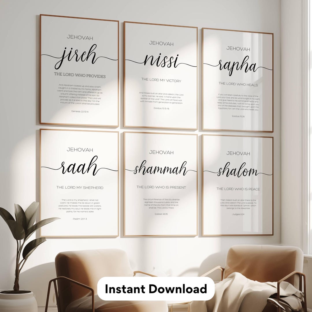 Bible Verse Gallery Names of God Set of 6 Christian Wall Art Typography ...
