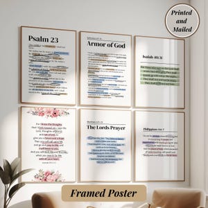 May include: A set of six framed wall art posters featuring religious scripture passages including Psalm 23, Armor of God, Isaiah 40:31, Jeremiah 29:11-13, The Lords Prayer, and Philippians 4:6-7, with highlighted text and floral accents.