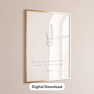 Minimalist Christian Line Art Bible Verse Print Modern Aesthetic Christian Black And White Poster Scripture Wall Art Botanical 1 Peter 5:7