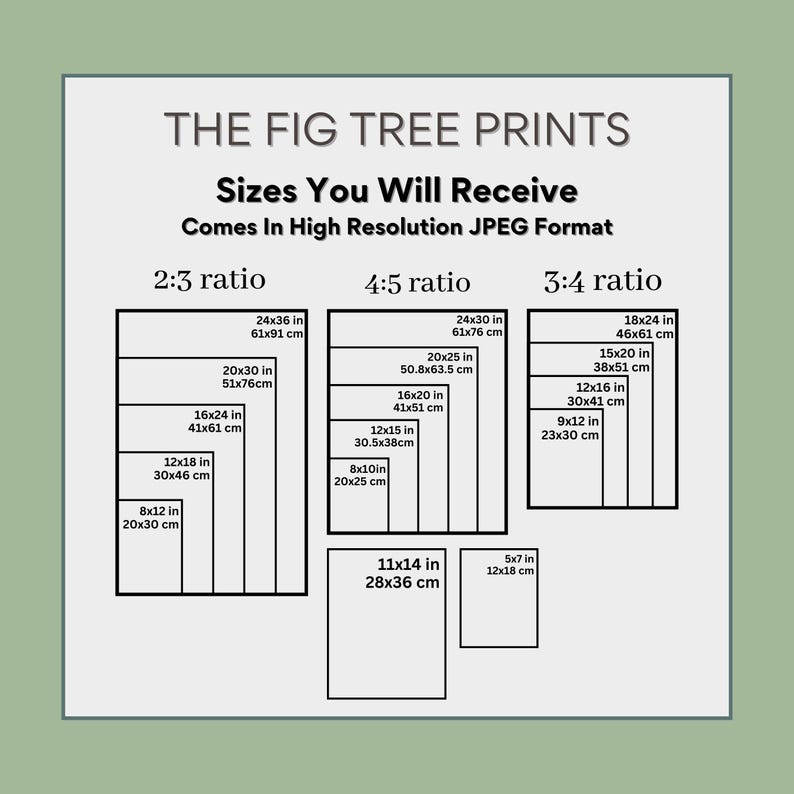Puede incluir: Un gr&aacute;fico que muestra diferentes tama&ntilde;os de impresiones disponibles en proporciones 2:3, 4:5 y 3:4. El gr&aacute;fico incluye medidas en pulgadas y cent&iacute;metros. El texto dice "The Fig Tree Prints, Sizes You Will Receive, Comes In High Resolution JPEG Format."
