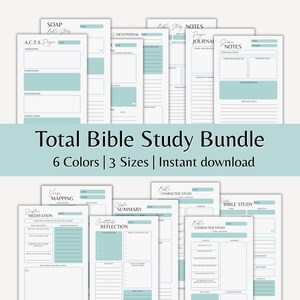 May include: A set of printable Bible study templates in various formats, such as SOAP, verse mapping, and character study. The pages have a clean design with a light blue and white colour scheme. The text "Total Bible Study Bundle" is displayed.