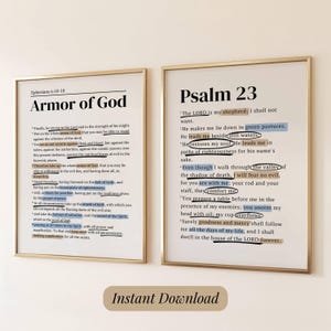 Peut inclure: Deux impressions d'art mural imprimables avec des versets bibliques inspirants. La première impression présente Éphésiens 6 :10-18, intitulée « Armure de Dieu ». La deuxième impression présente Psaume 23, intitulé « Psaume 23 ». Les deux impressions ont un fond blanc avec du texte noir.