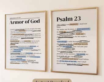 Juego de 2 láminas de arte cristiano para pared sobre la cama. Decoración inspirada en un diario bíblico. Versículo imprimible del Salmo 23. Arte de la armadura de Dios. Idea de regalo para bautismo.