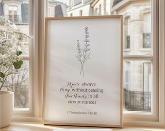 Christliche Wandkunst Bibel Vers 1 Thessalonicher 5:16-18 Schrift Kunstdruck Minimalistische Linie Kunst Pastor Geschenk Dekor Botanischer Glaube Wohnkultur
